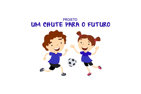Logo do Projeto Um Chute para o Futuro com ilustração de um menino e uma menina com camisetas azuis ao redor de uma bola de futebol, e o nome do projeto escrito acima.